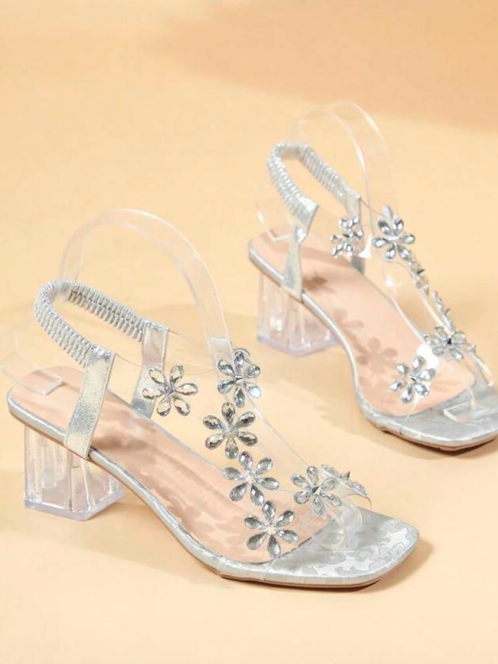 NWOT Silver Floral Clear-Strap Block Heel Sandals